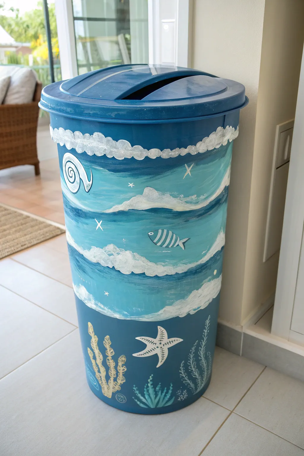DIY ocean-wave trash can with layered blues and whimsical sea creatures, simple and serene