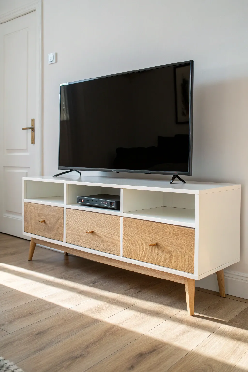 Soft ombre-painted TV stand fading light to dark for a calm Scandinavian boho vibe.