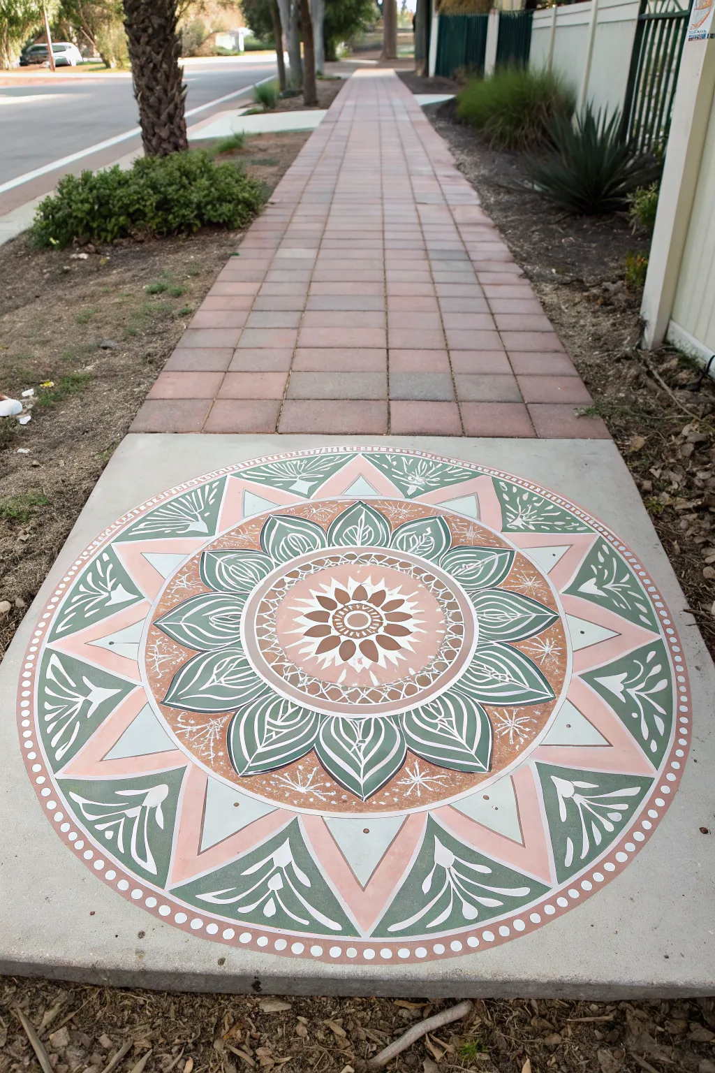 Painted mandala medallion landing adds a boho sunburst moment to a minimalist walkway.
