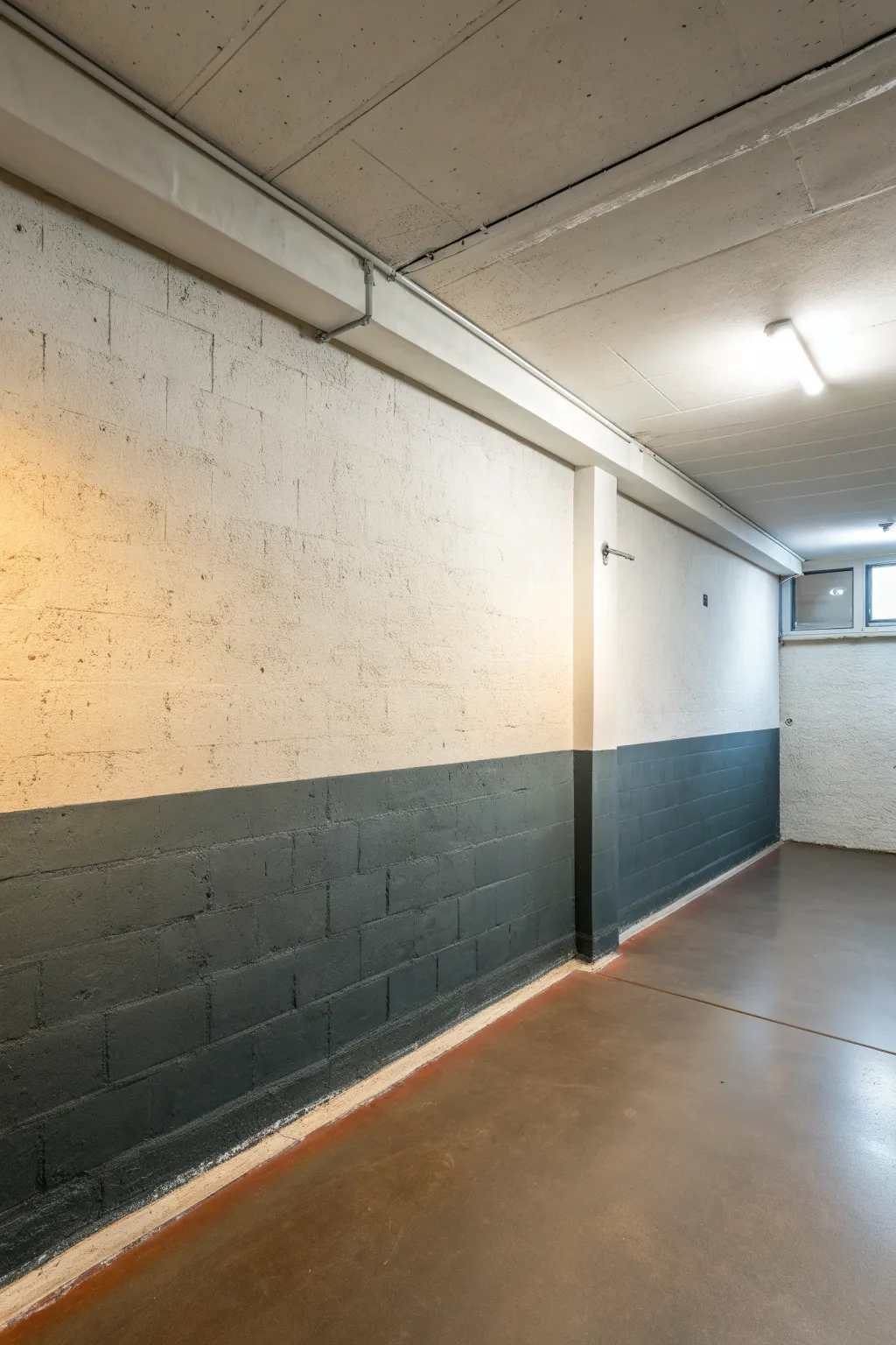 Ombre concrete wall fades upward, making a low basement ceiling feel lighter and taller.