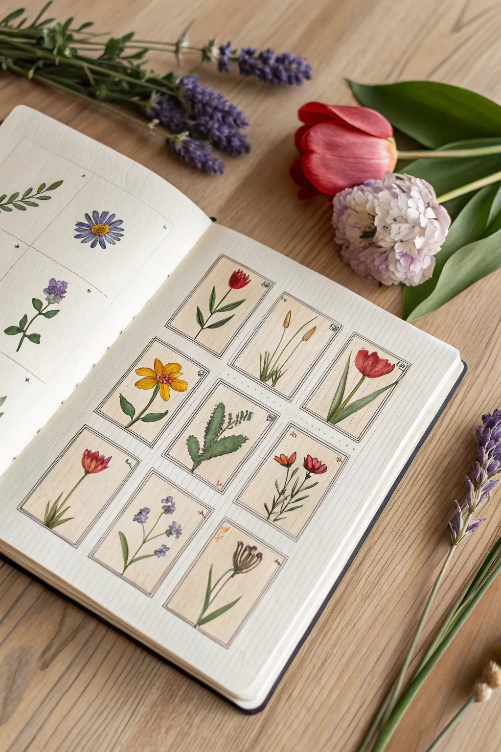 Minimal flat-lay sketchbook grid of flower studies with brush and palette, soft Nordic light