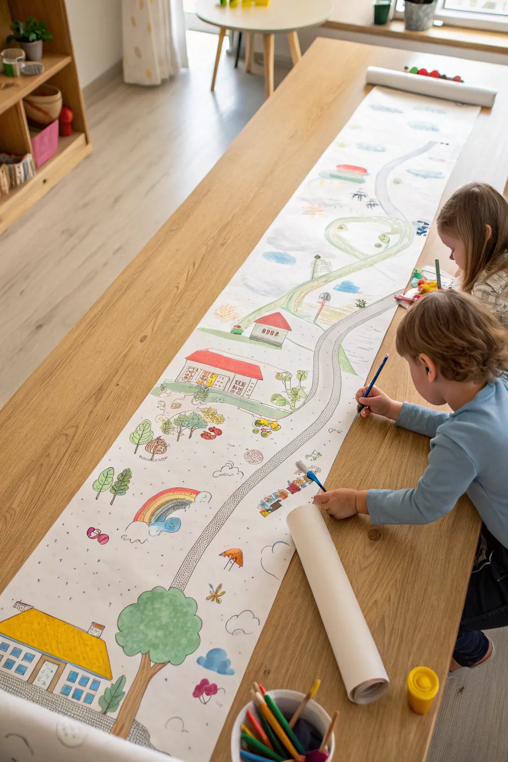 Giant story mural on a long paper roll, kid made scenes joining into one playful map