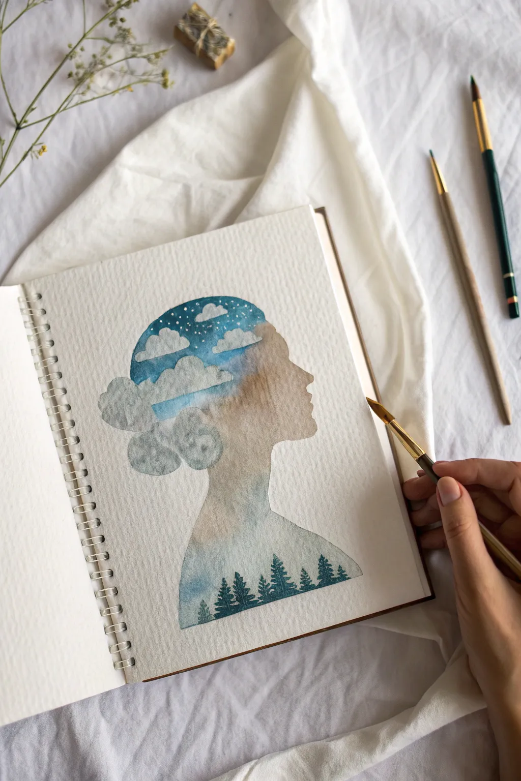 A serene head silhouette with clouds and a blue clearing, symbolizing shifting thoughts and mental health.