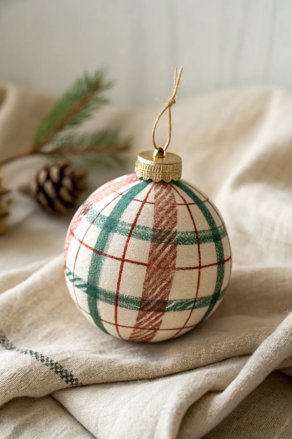 Cozy flannel-inspired plaid ornament painting idea in minimalist Scandinavian boho style.