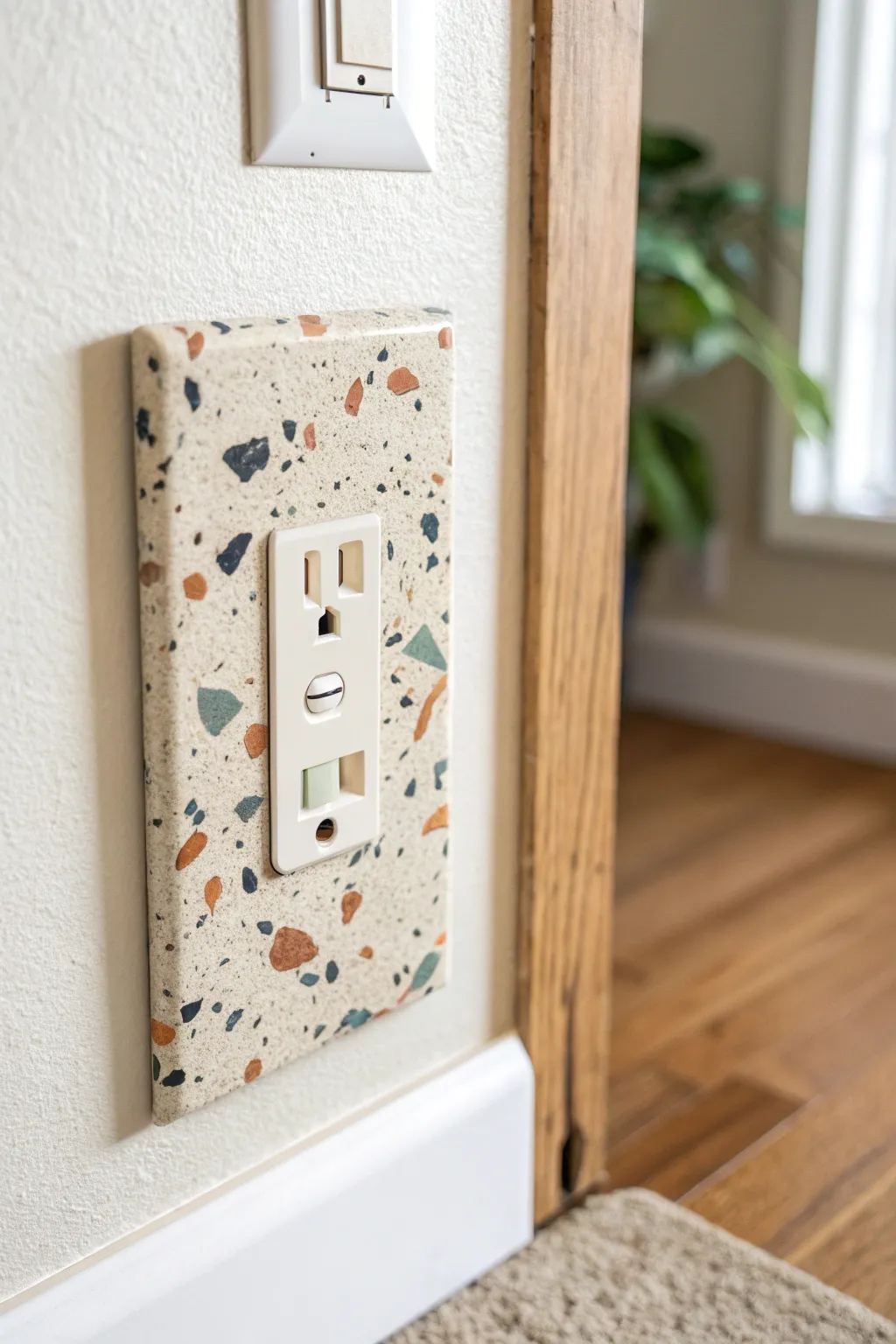 Terrazzo-speckled outlet cover with soft boho color flecks on a clean Scandinavian wall