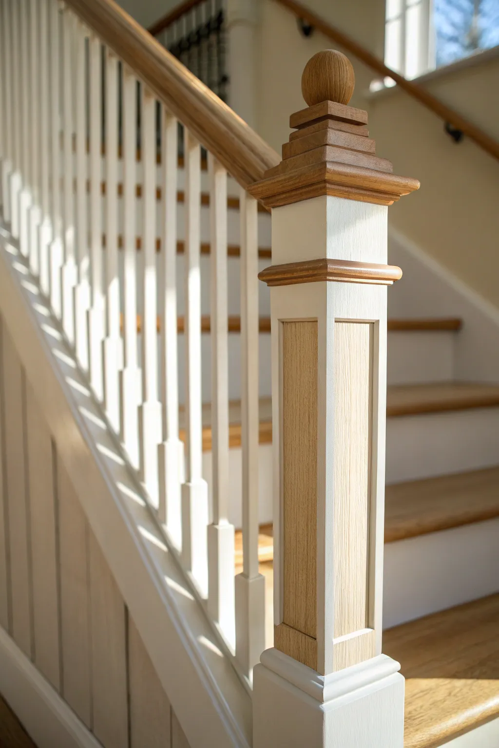 Tone-on-tone stripes add modern rhythm to square spindles with a soft Scandinavian feel