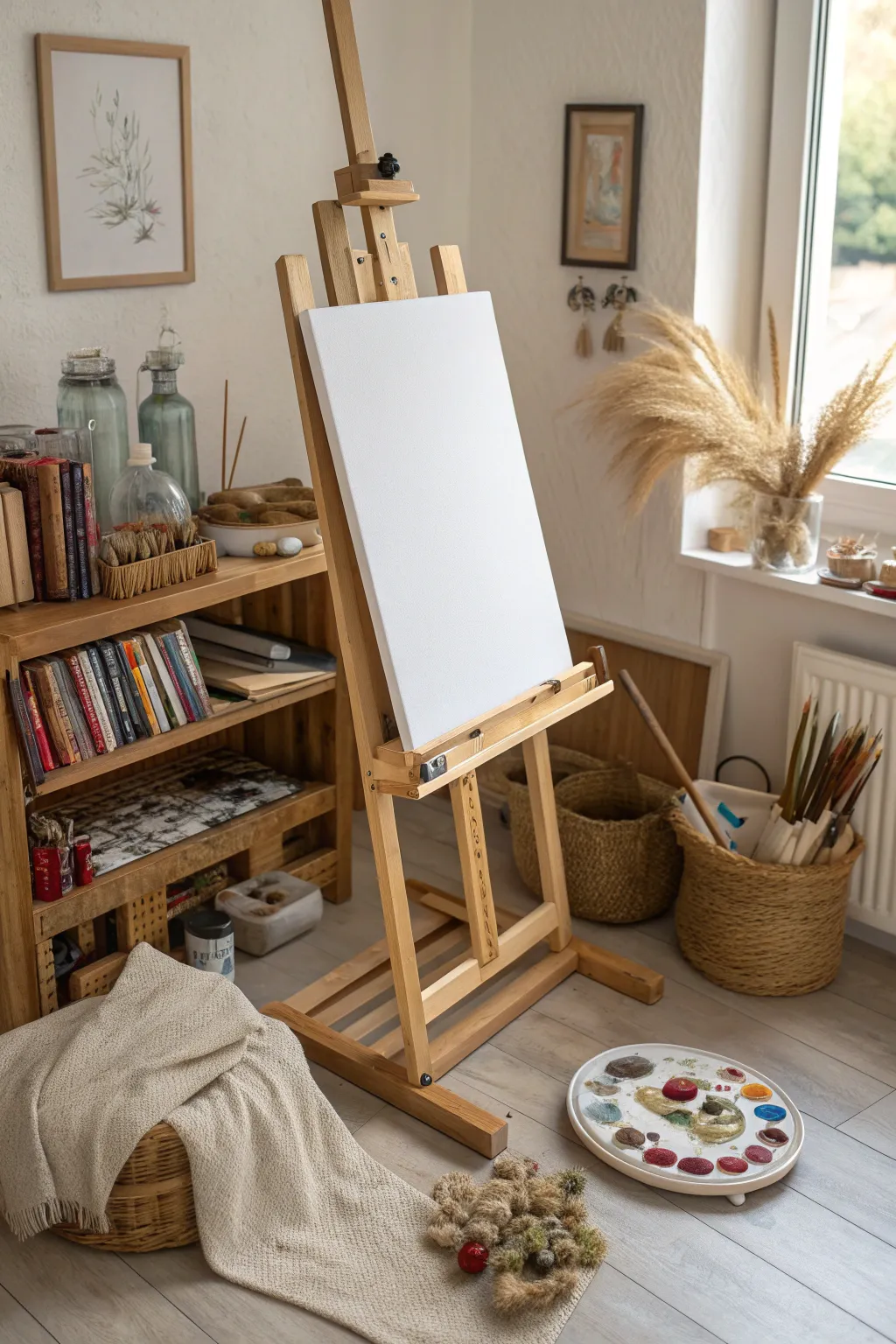 A cozy clutter-core easel in calm Scandinavian neutrals, styled with boho treasures and tools.