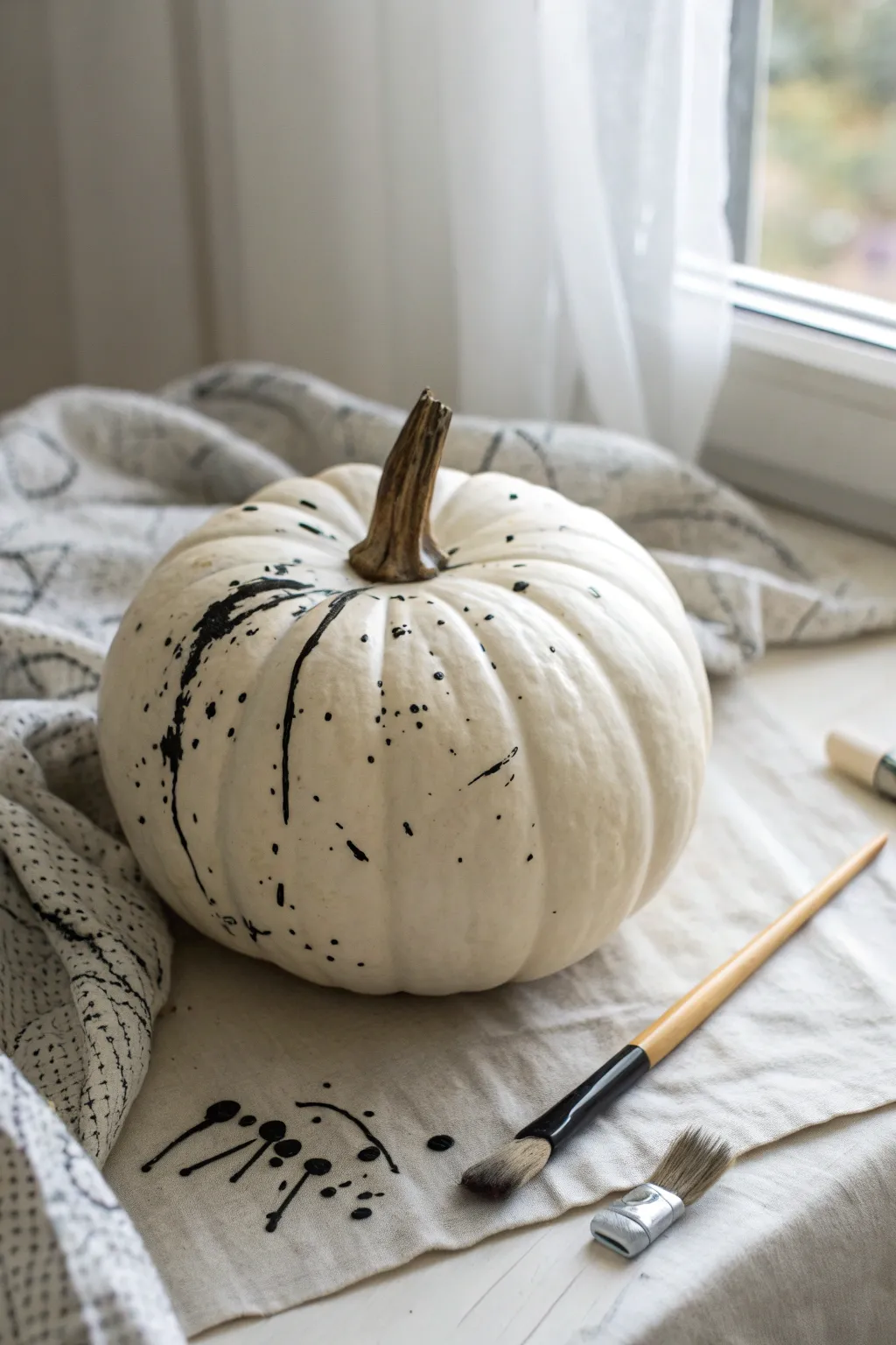 Crisp white pumpkin with bold black splatter on a drop cloth for an artsy studio look