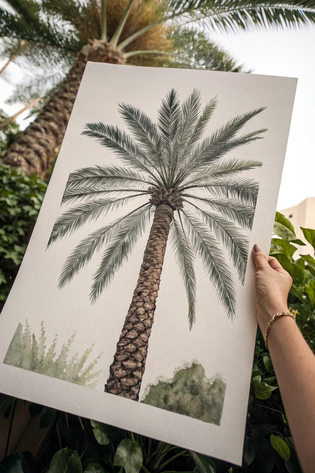 Palm fronds with playful ink patterns and soft muted washes for a minimalist boho look