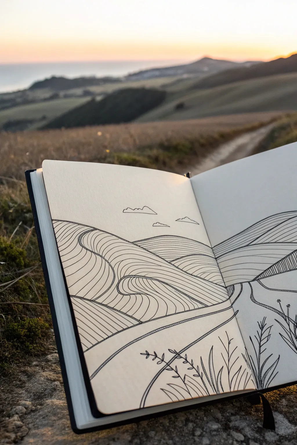 Minimal contour-line hills with a pale winding path, a calm modern drawing idea to try.
