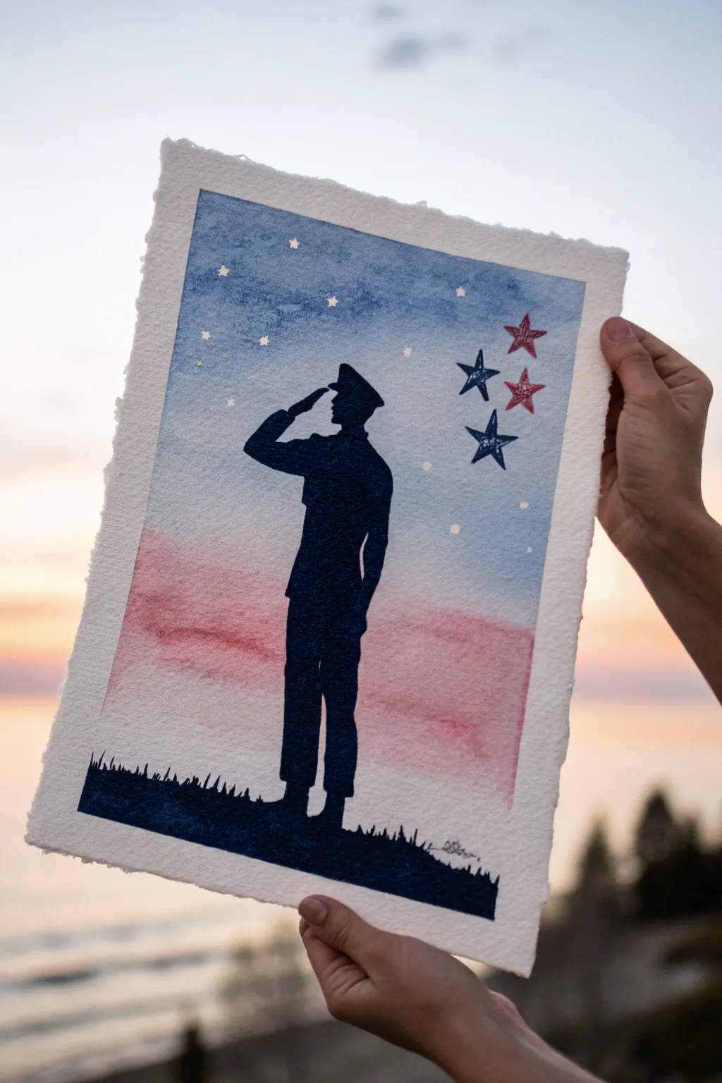 Minimalist salute silhouette with red-white-blue wash for a calm, modern patriotic tribute.