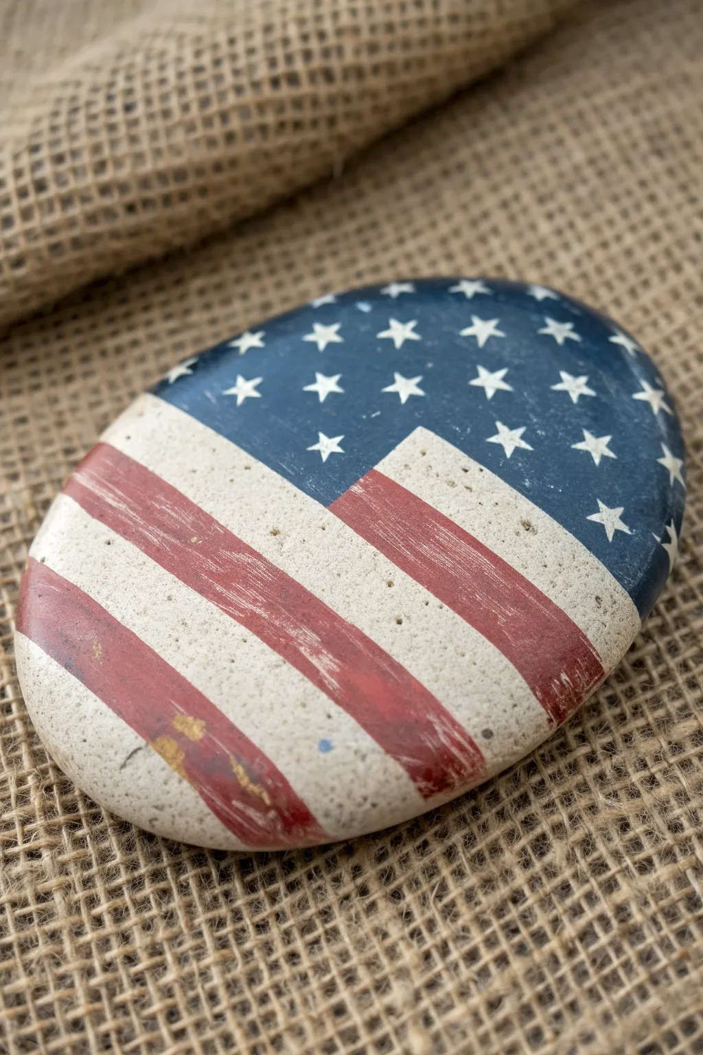 Weathered flag rock on burlap, layered brush texture and scuffed edges for rustic charm.