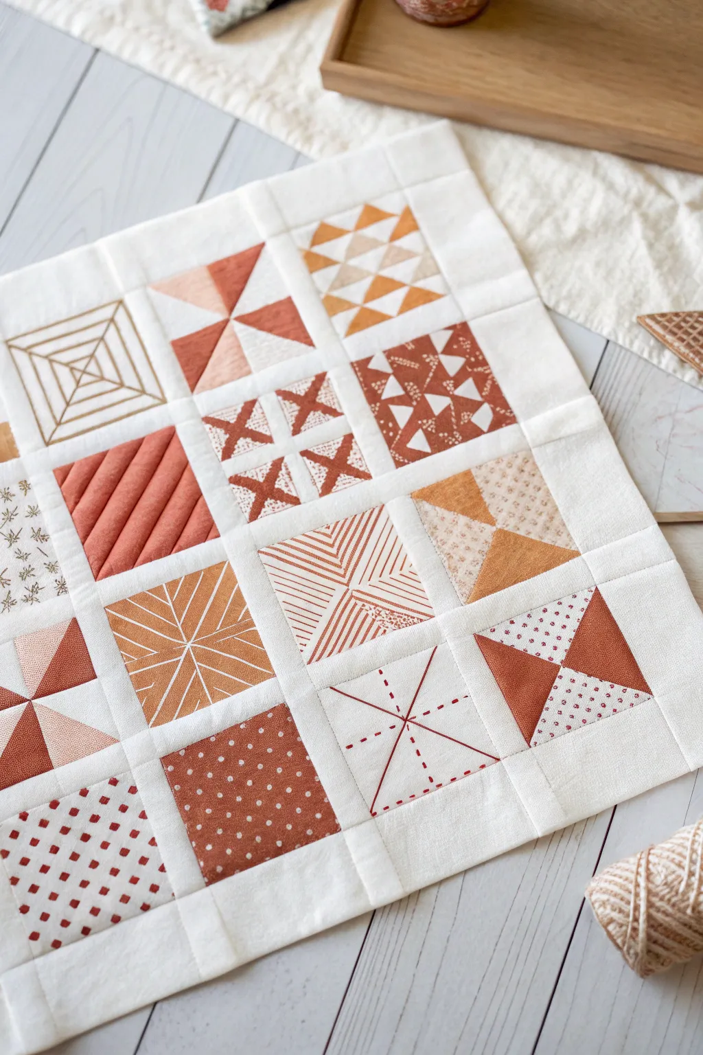 Minimal quilt block sampler grid with modern patchwork patterns in warm boho Nordic tones.
