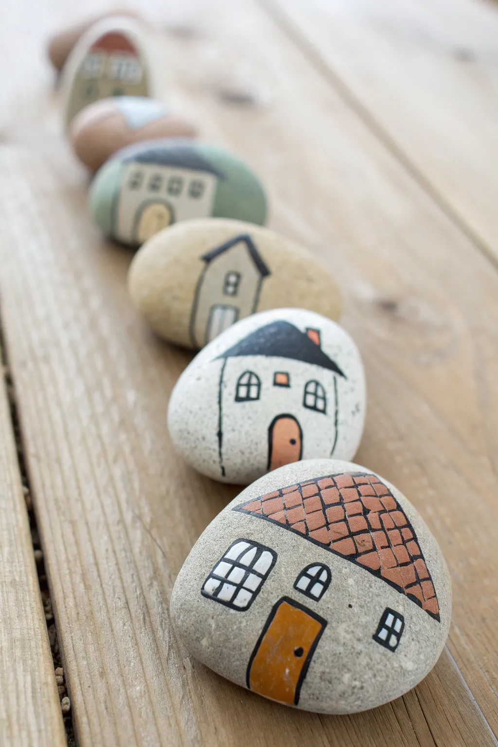 Tiny house pebble paintings lined up like a mini street, minimal Nordic boho vibes
