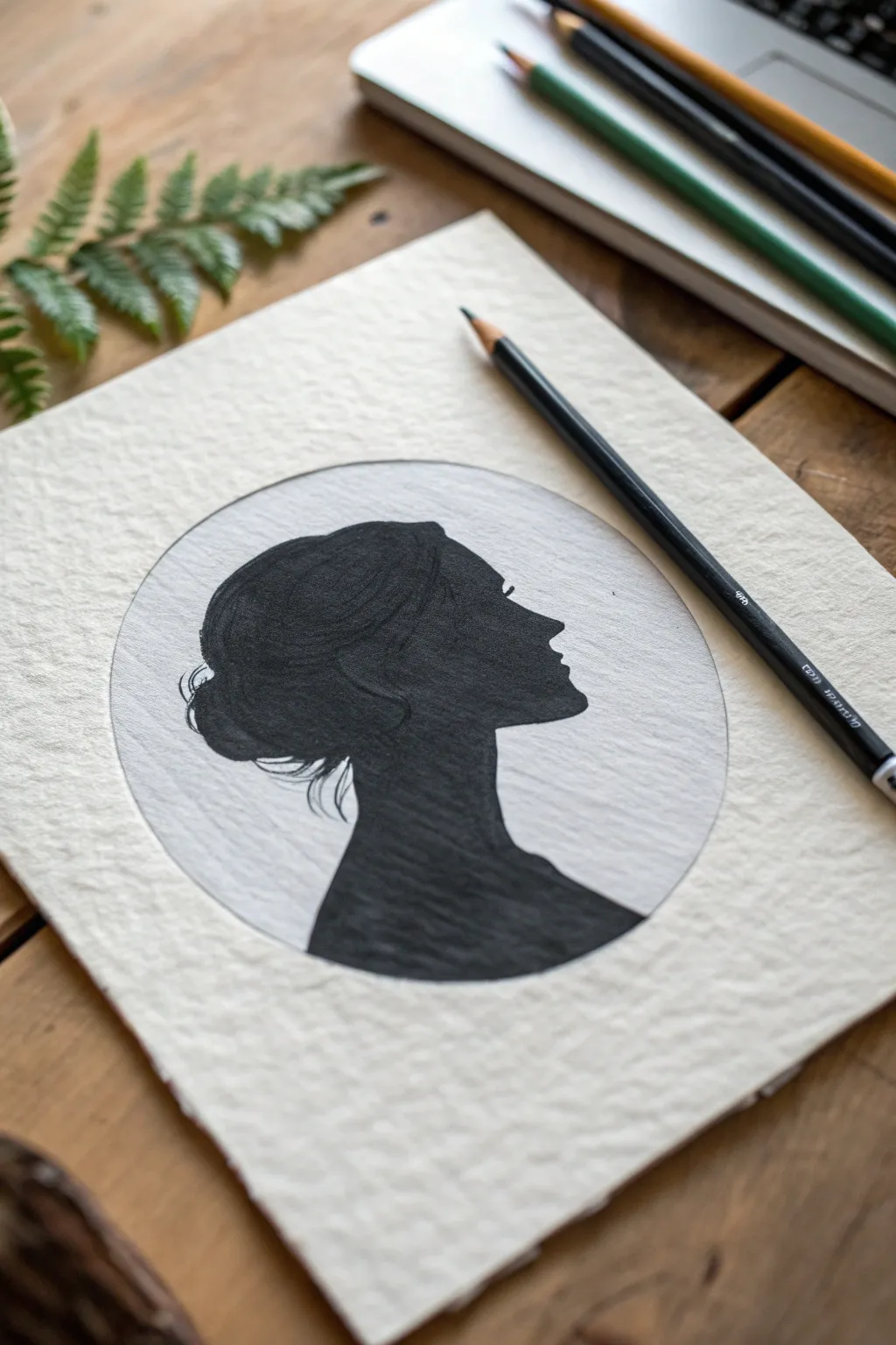 Bold silhouette in a shaded circle portal for striking pencil value contrast and calm minimal vibes.