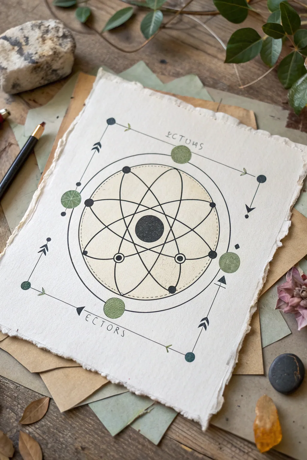 Create a minimalist boho physics collage page with ink, torn paper, and bold diagrams.