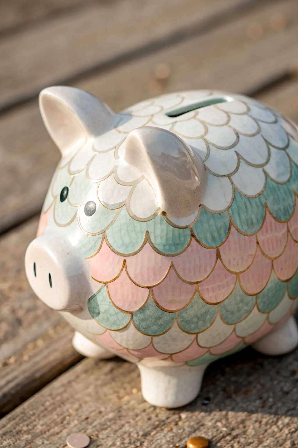 Mermaid-scale piggy bank close-up with soft ombré layers and crisp contrast, minimal boho vibes
