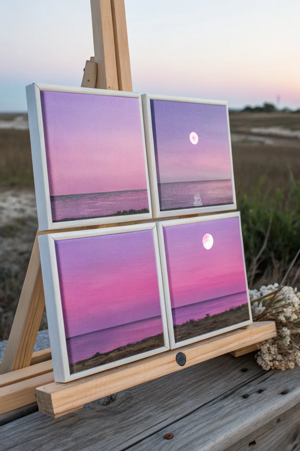 Four mini canvases, one moonlit horizon scene, shifting from pastel pink to deep purple mood