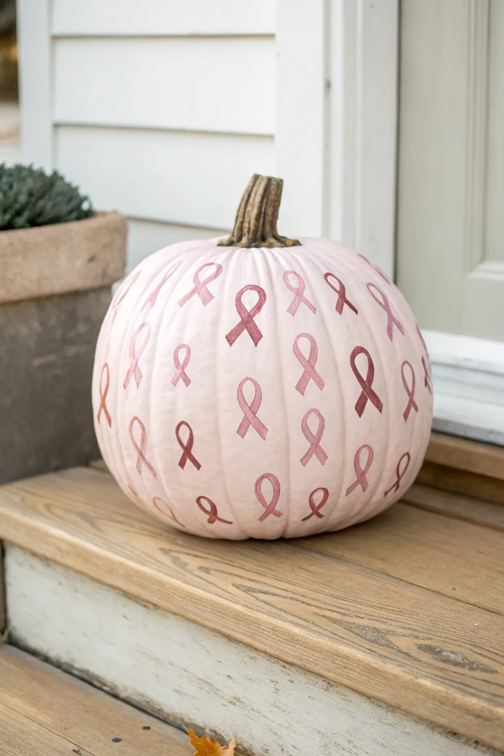 Soft pink ribbon-pattern pumpkin centerpiece for a calm, meaningful porch display.
