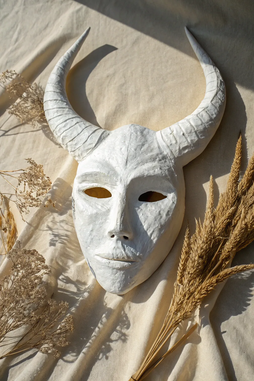 Minimal plaster mask with sculpted horns, a calm boho statement for your next DIY cast