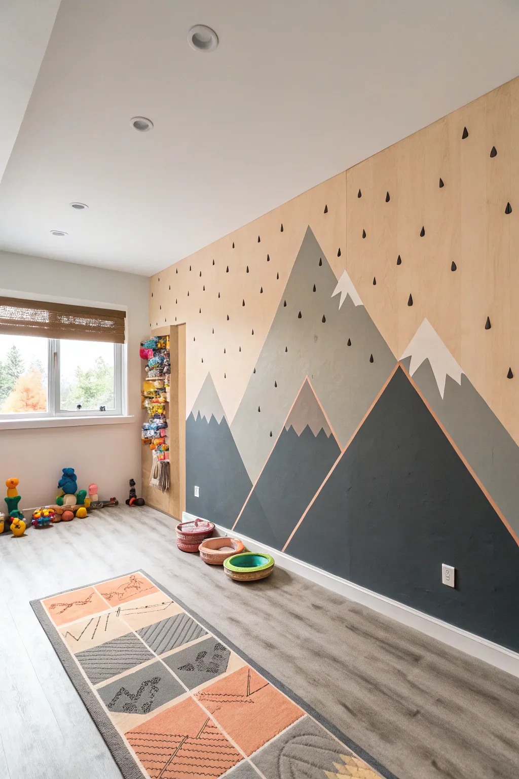 Minimal mountain mural with climbable holds, a serene adventure wall for a modern playroom.