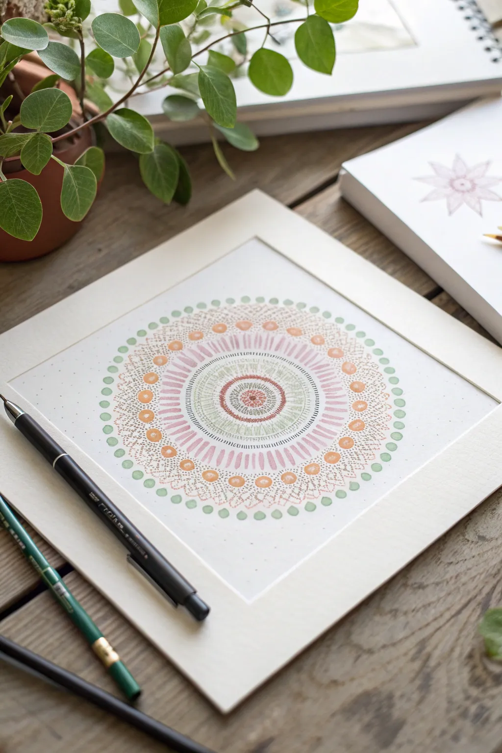 Two-pass pointillism with crisp pen accents: soft base dots topped with brighter highlights.