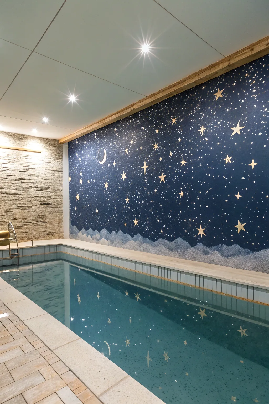 Starry night indoor pool mural in deep navy, softly fading near the horizon with luminous shimmer