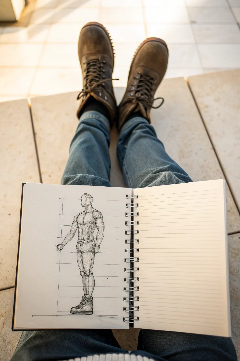 Extreme low-angle hero pose sketch with grid and box forms to master bold perspective.