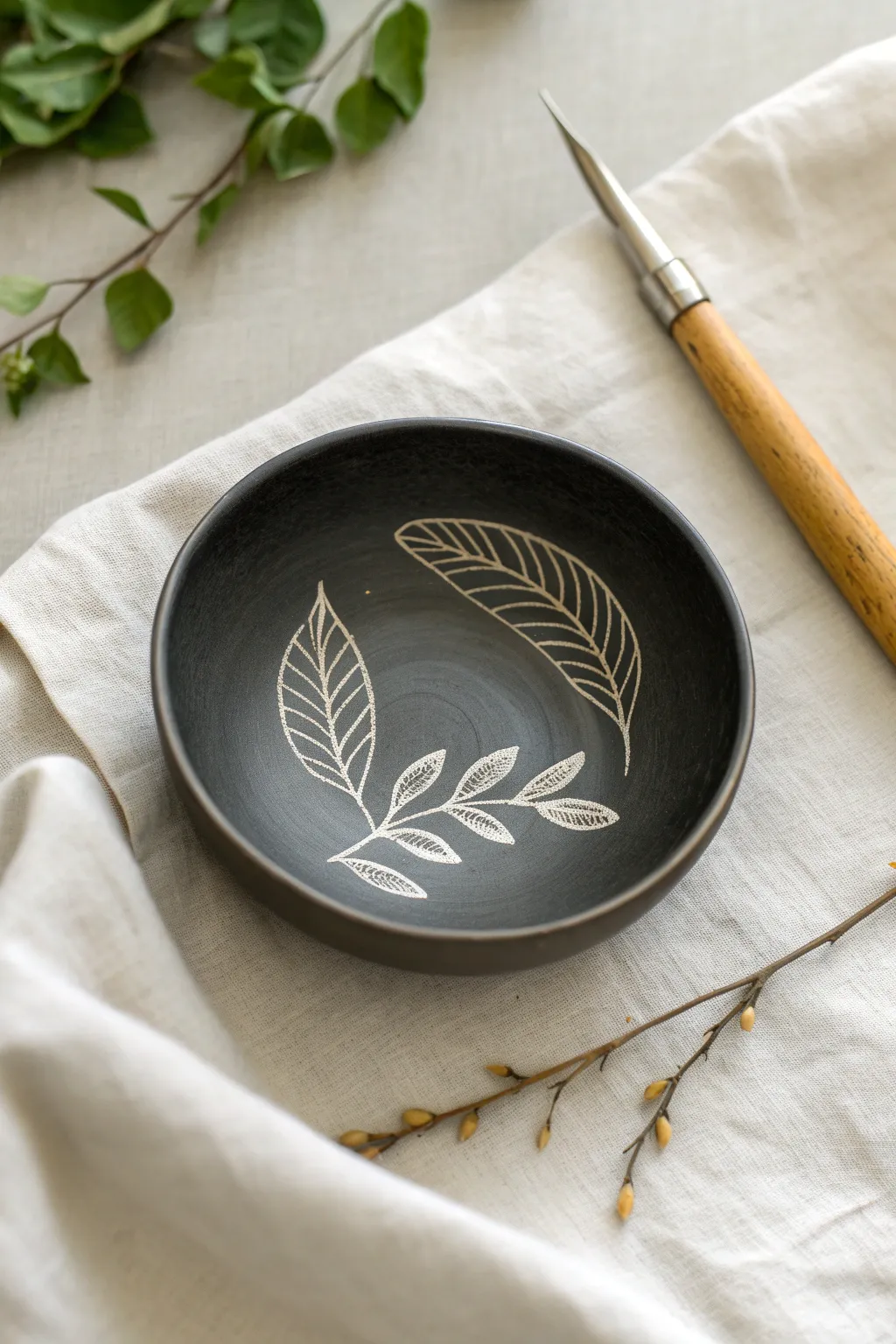 Simple sgraffito scratch-back leaves on a bisque dish, minimal boho pottery inspiration