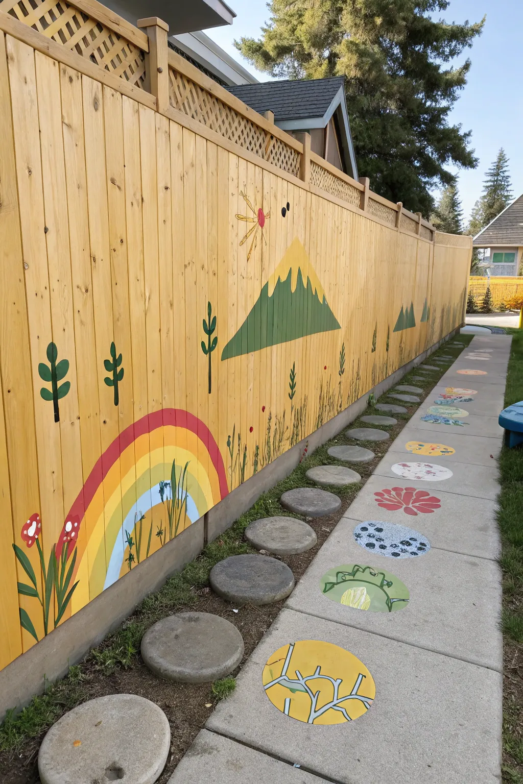 Sunny minimalist fence mural with playful footprint path, perfect outdoor preschool recess inspiration