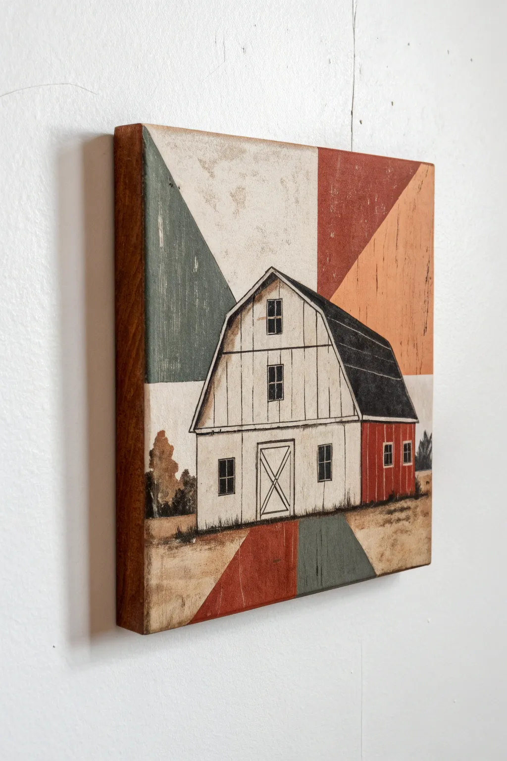 Limited-palette primitive barn color blocks with rough edges and calm Nordic-boho contrast
