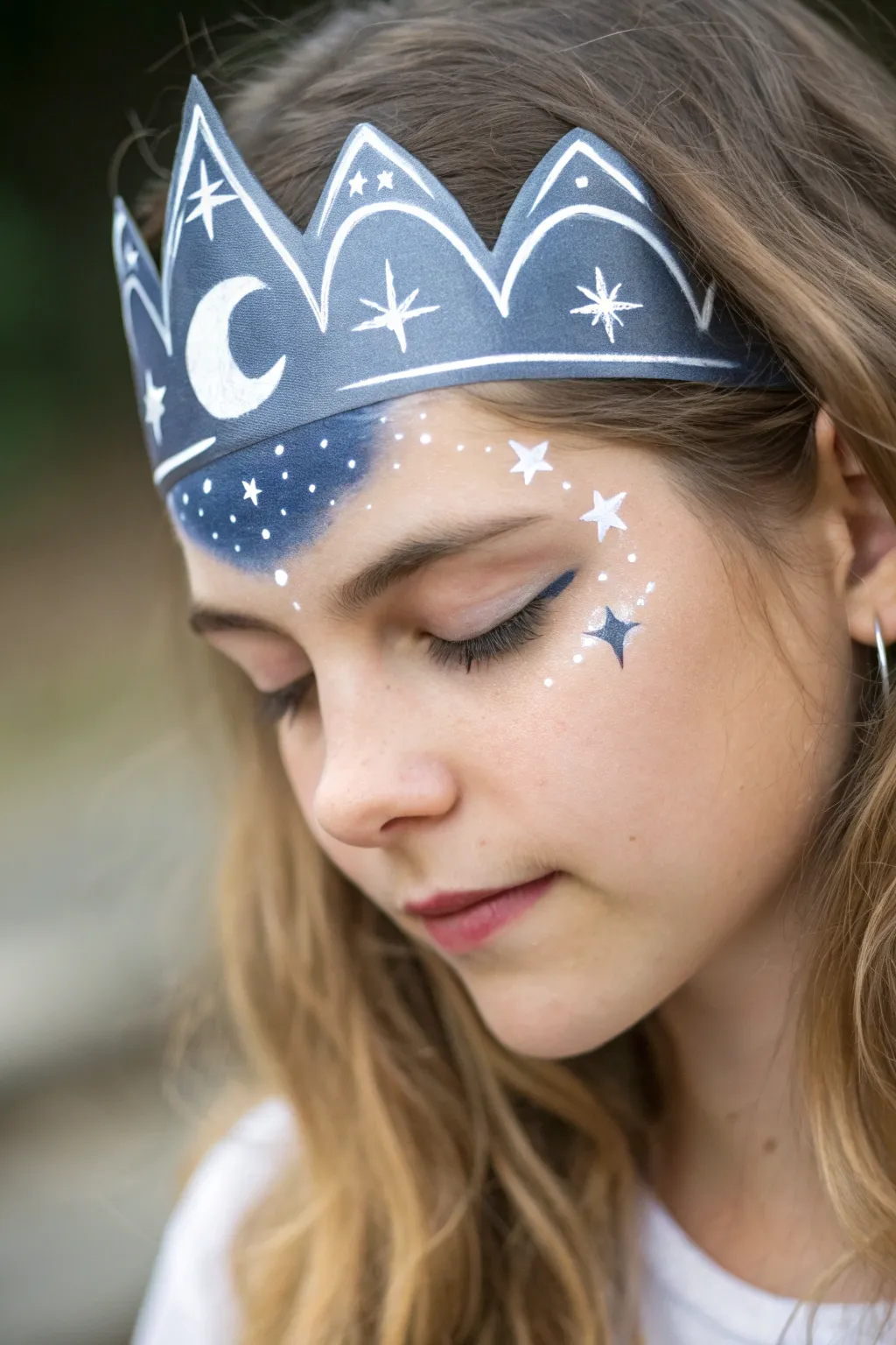 Moonlit princess crown face paint in midnight blue with crescent moon and tiny star constellations
