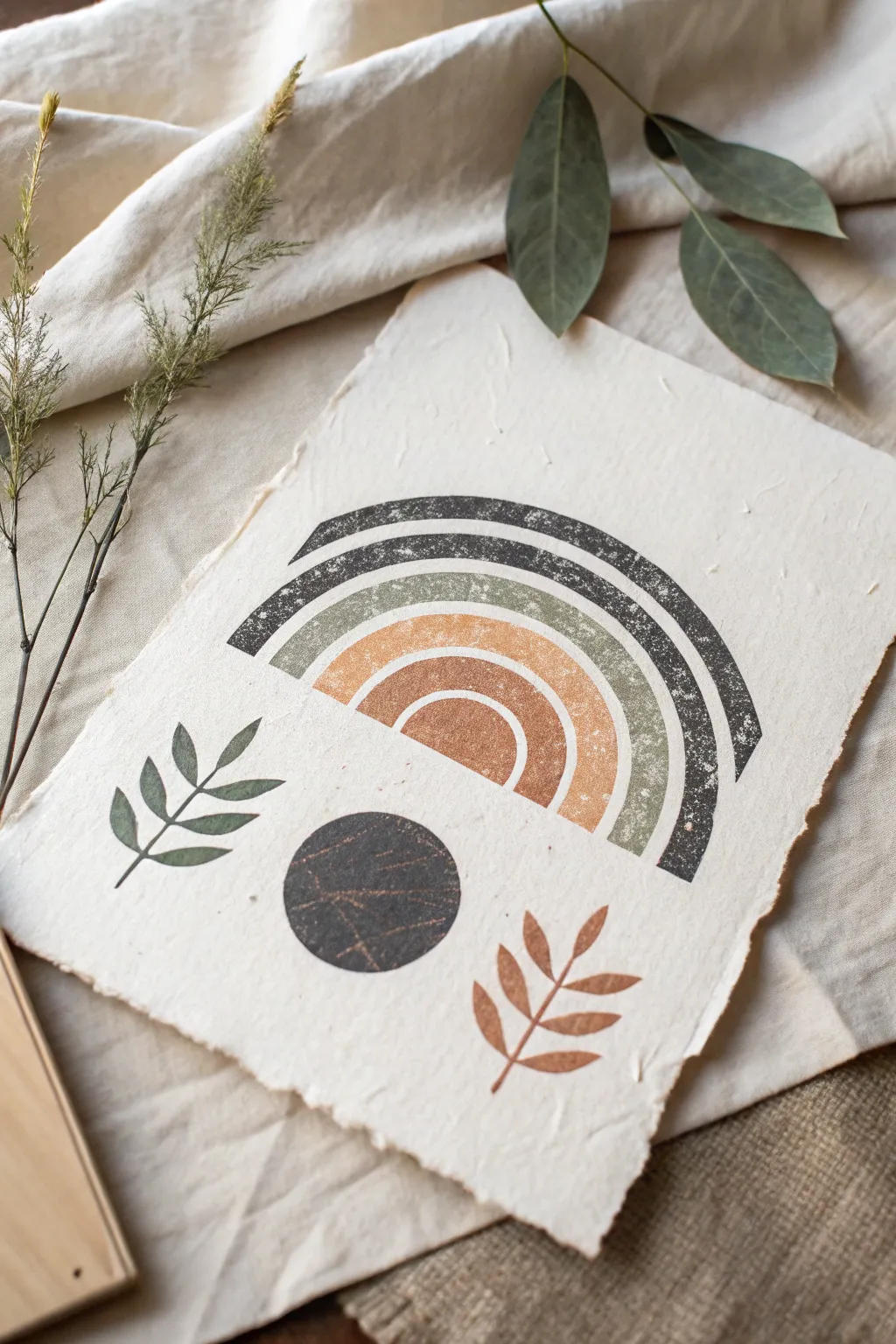 Minimalist stencil and brayer shape print in earthy tones, perfect for modern printmaking practice