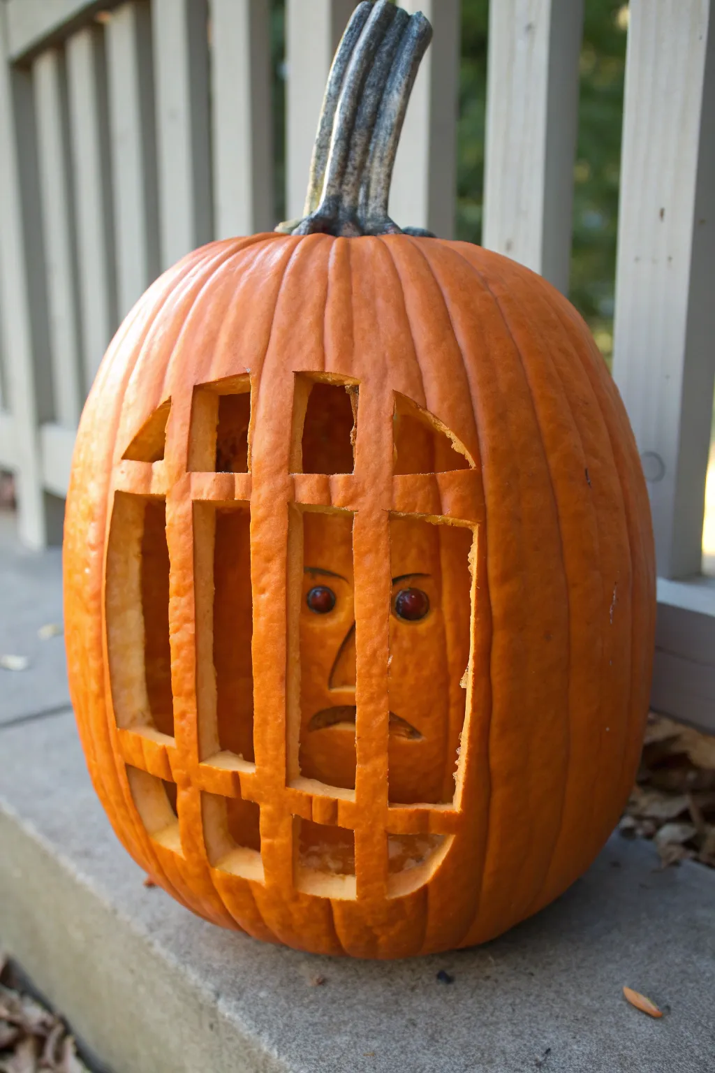 Jail cell pumpkin carving with a deep-set face for a striking, simple depth illusion.