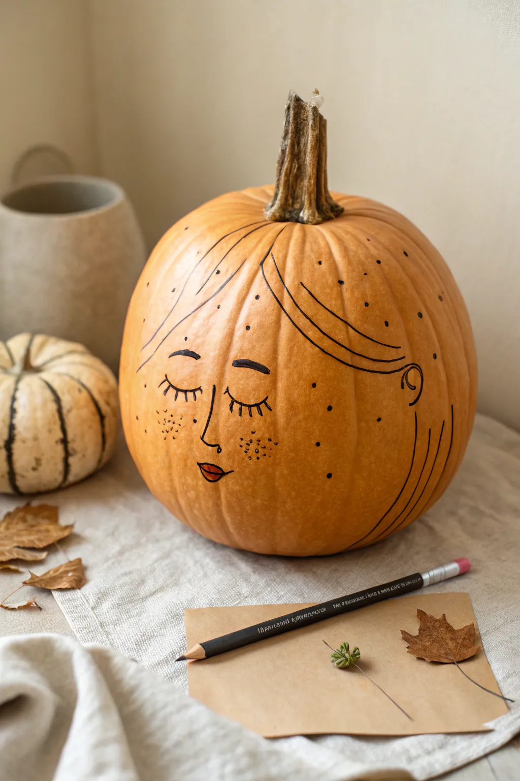 Freckled pumpkin portrait with soft shading and simple tools for a cozy minimalist sketch vibe.