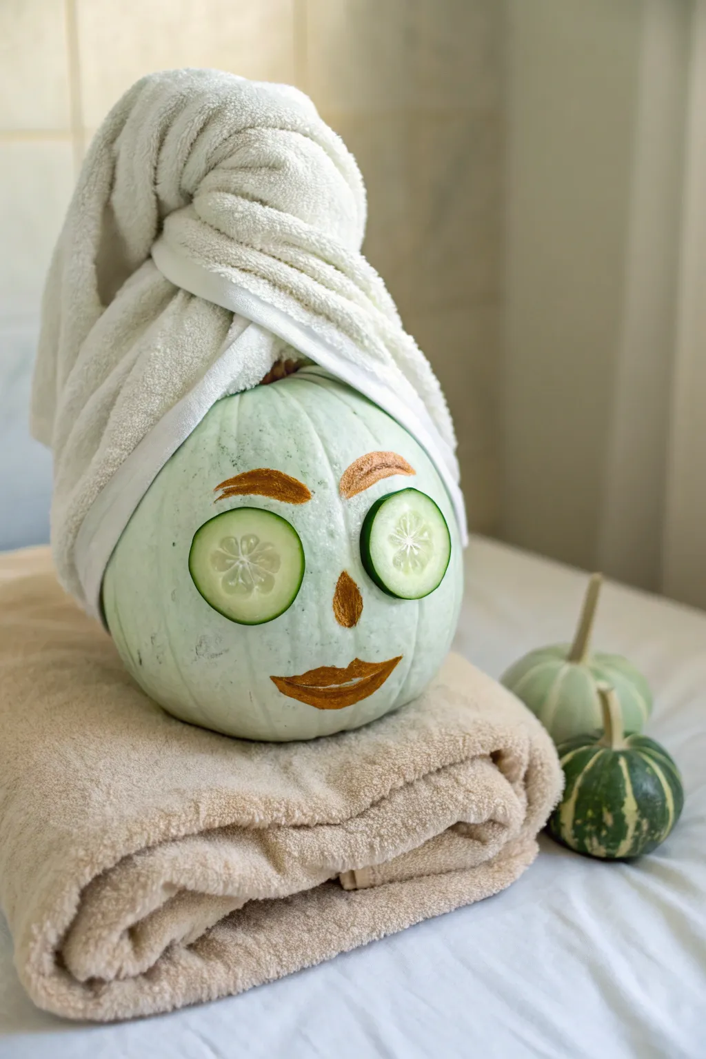 Spa-day pumpkin with painted clay mask and cucumber eyes, wrapped in a cozy towel for contest wow.