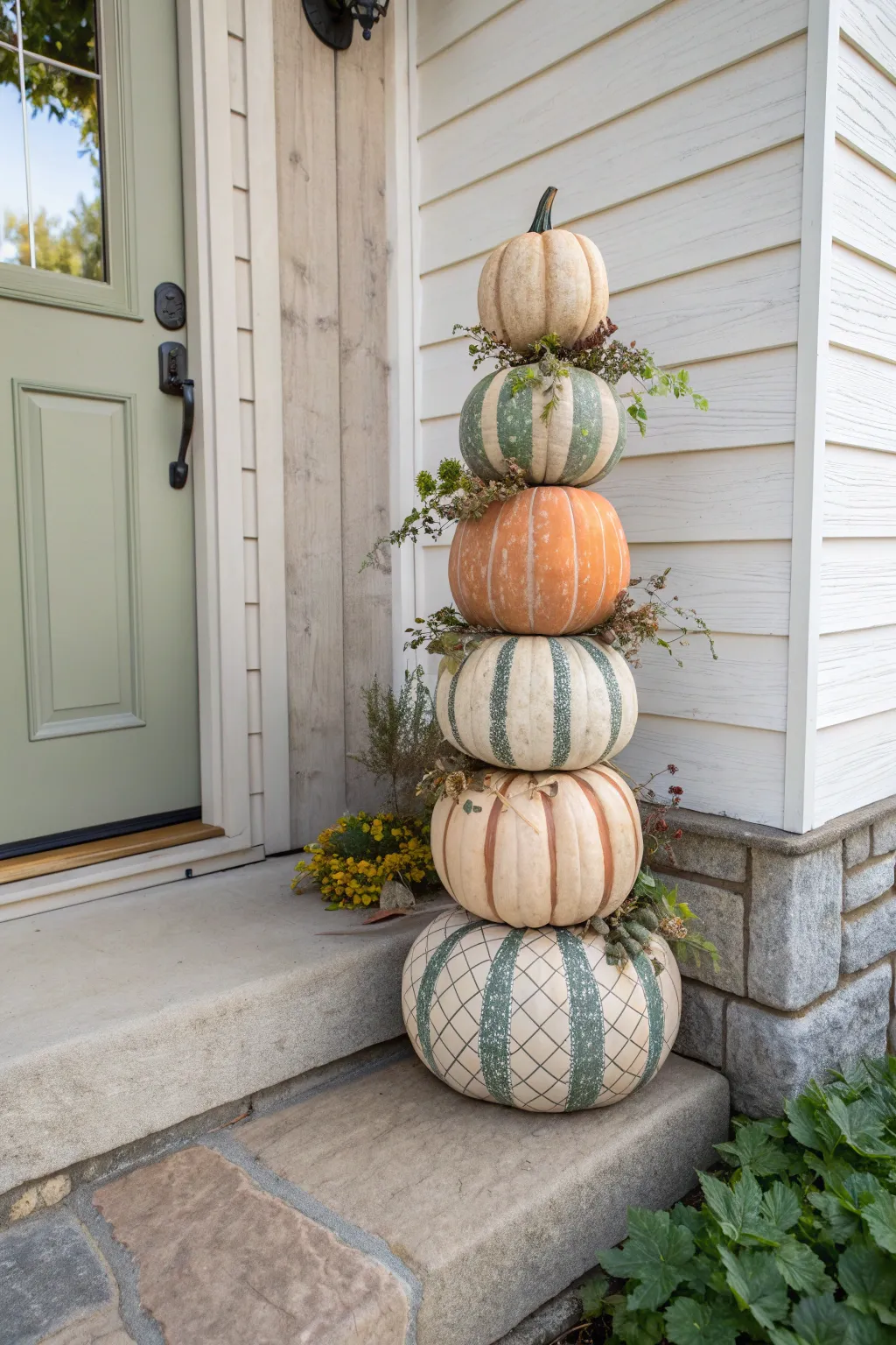 Coordinated painted pumpkin topiary stack in minimalist boho tones for a sculptural porch look