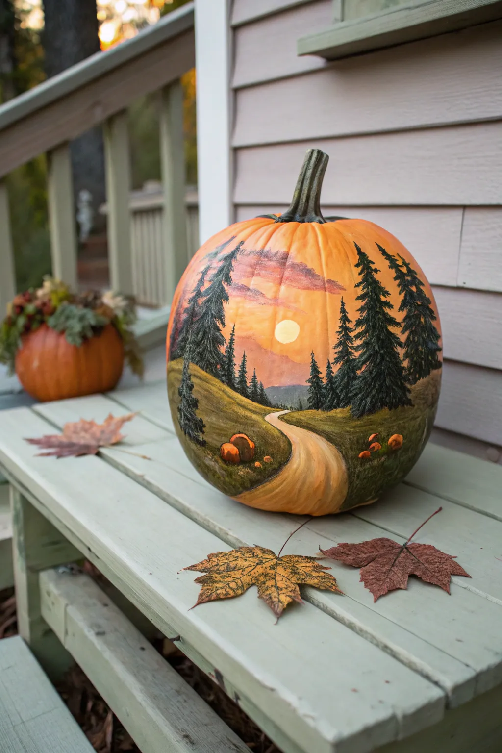 Mini landscape pumpkin painting: a storybook scene in cozy Scandinavian autumn tones.