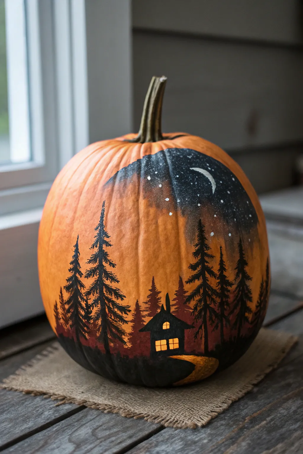 Minimalist night-forest pumpkin with cabin silhouette, crisp contrast and handcrafted detail.