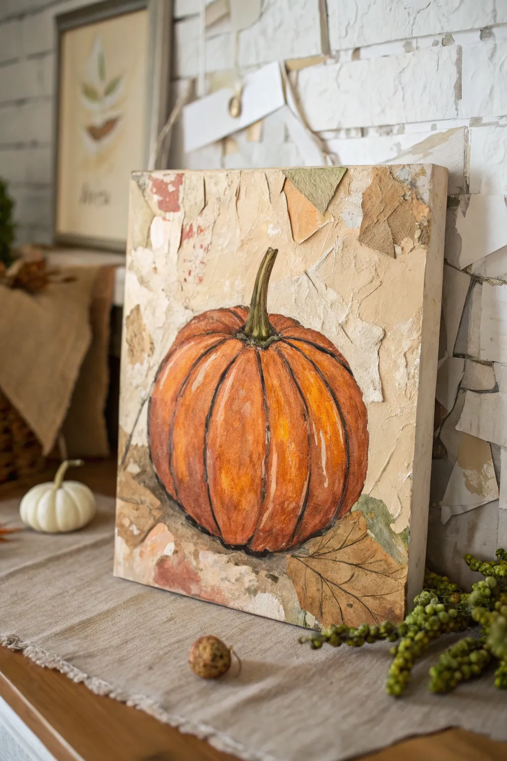 Mixed-media pumpkin collage on canvas, Nordic minimalism with tactile layered paper textures