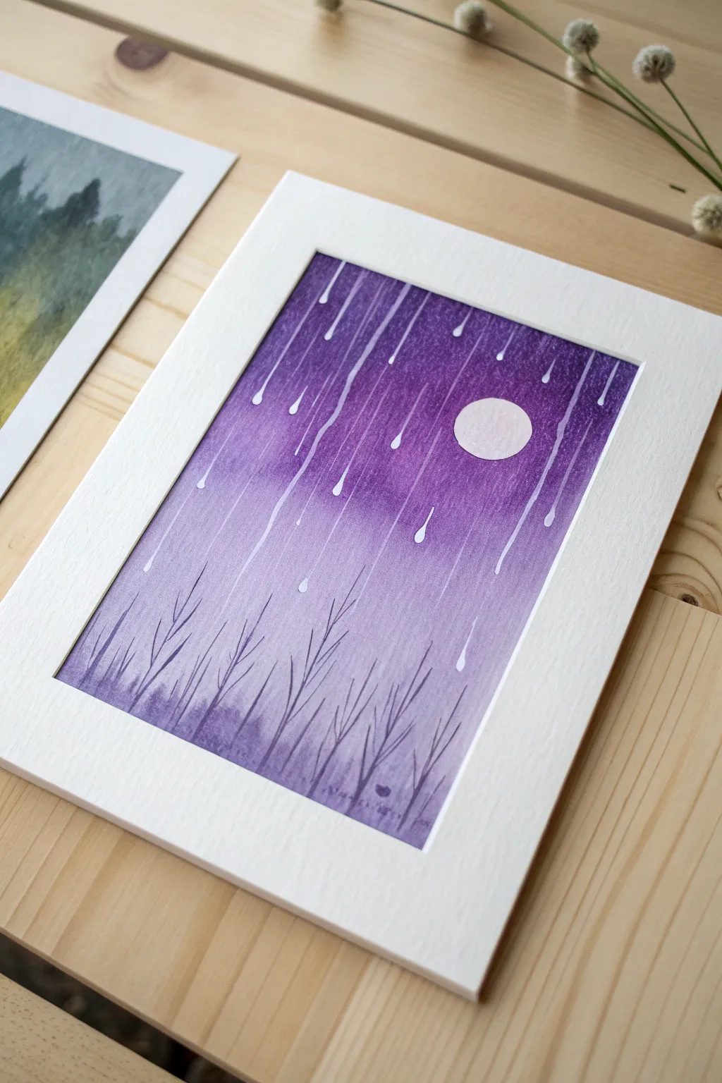 Easy purple rainy window art: blurred wash, simple drip lines, and soft glowing light spots.