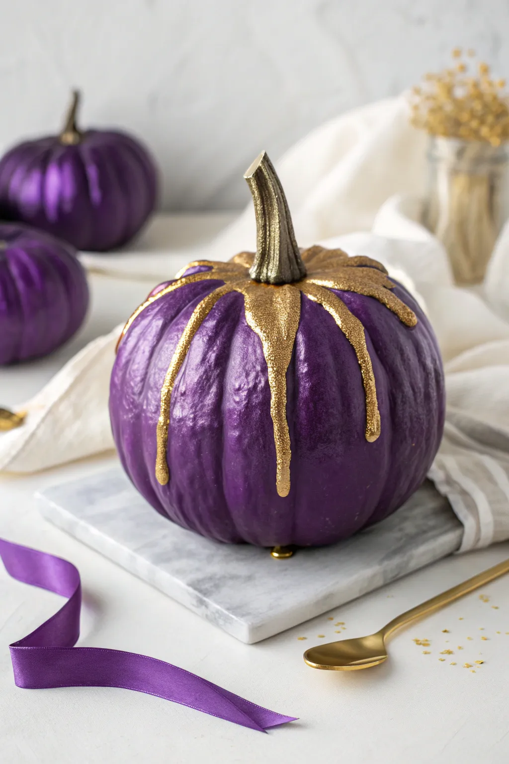 Deep purple pumpkin with a bold gold drip for a modern, luxe Scandinavian-boho vibe.