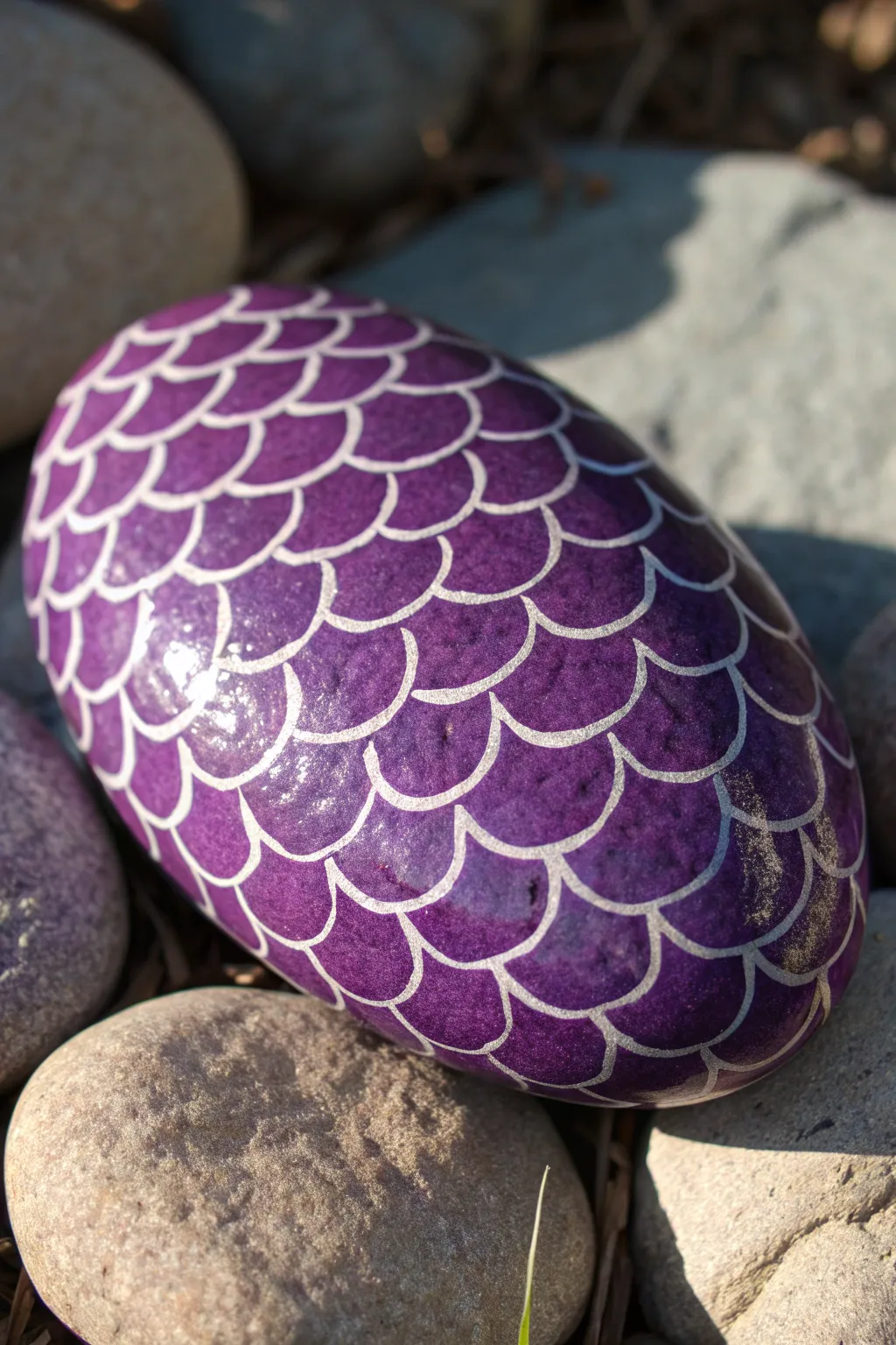 Dragon scale purple rock painting with plum to violet gradients and crisp handcrafted texture.