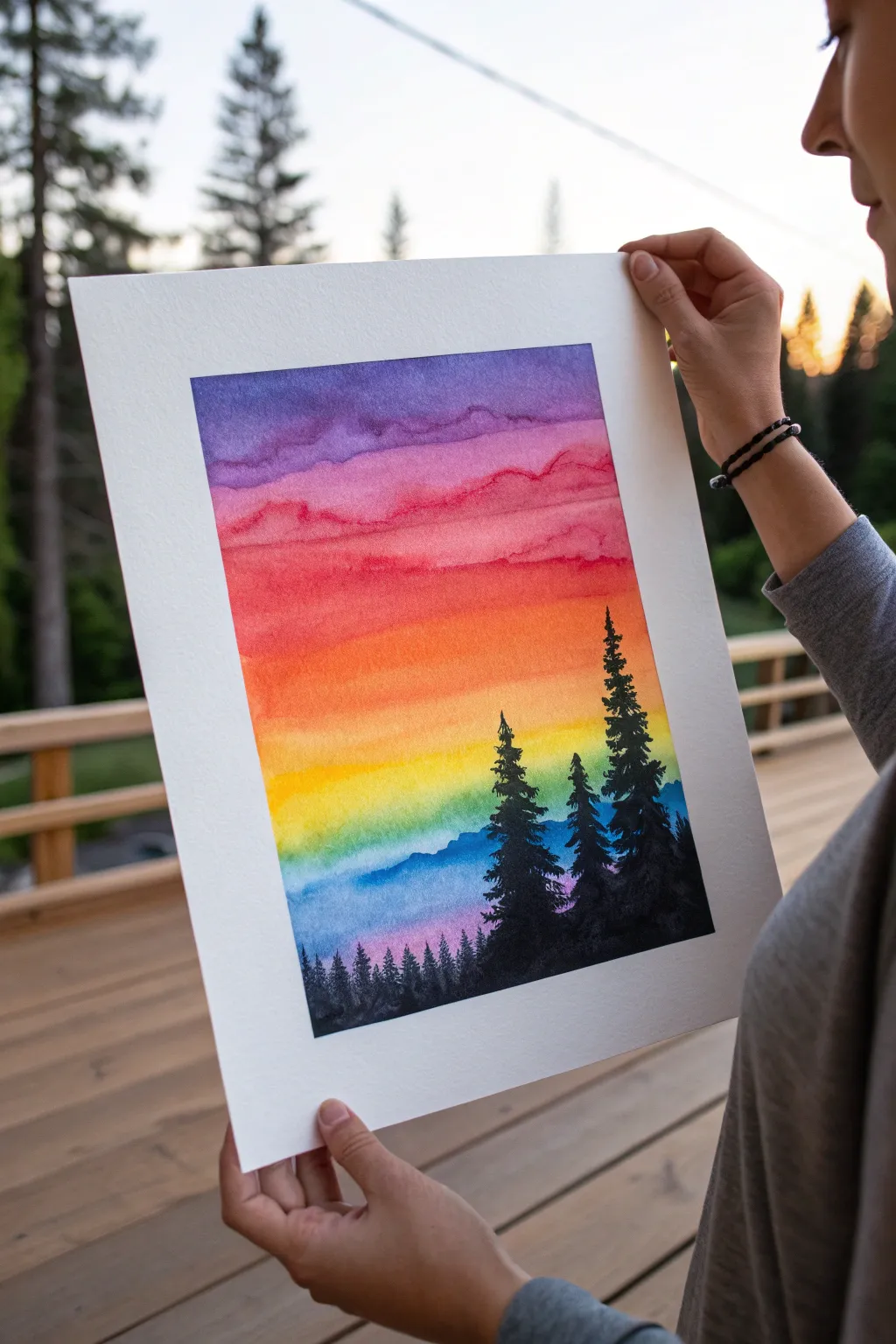 Paint a rainbow sunset gradient with a crisp black silhouette for clean minimalist contrast.