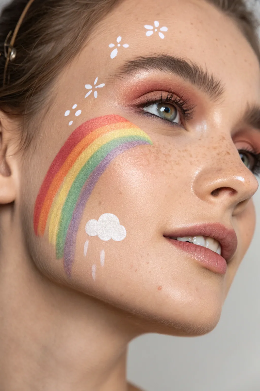 Watercolor rainbow splashes with a tiny cloud for soft, modern rainbow face paint inspiration.