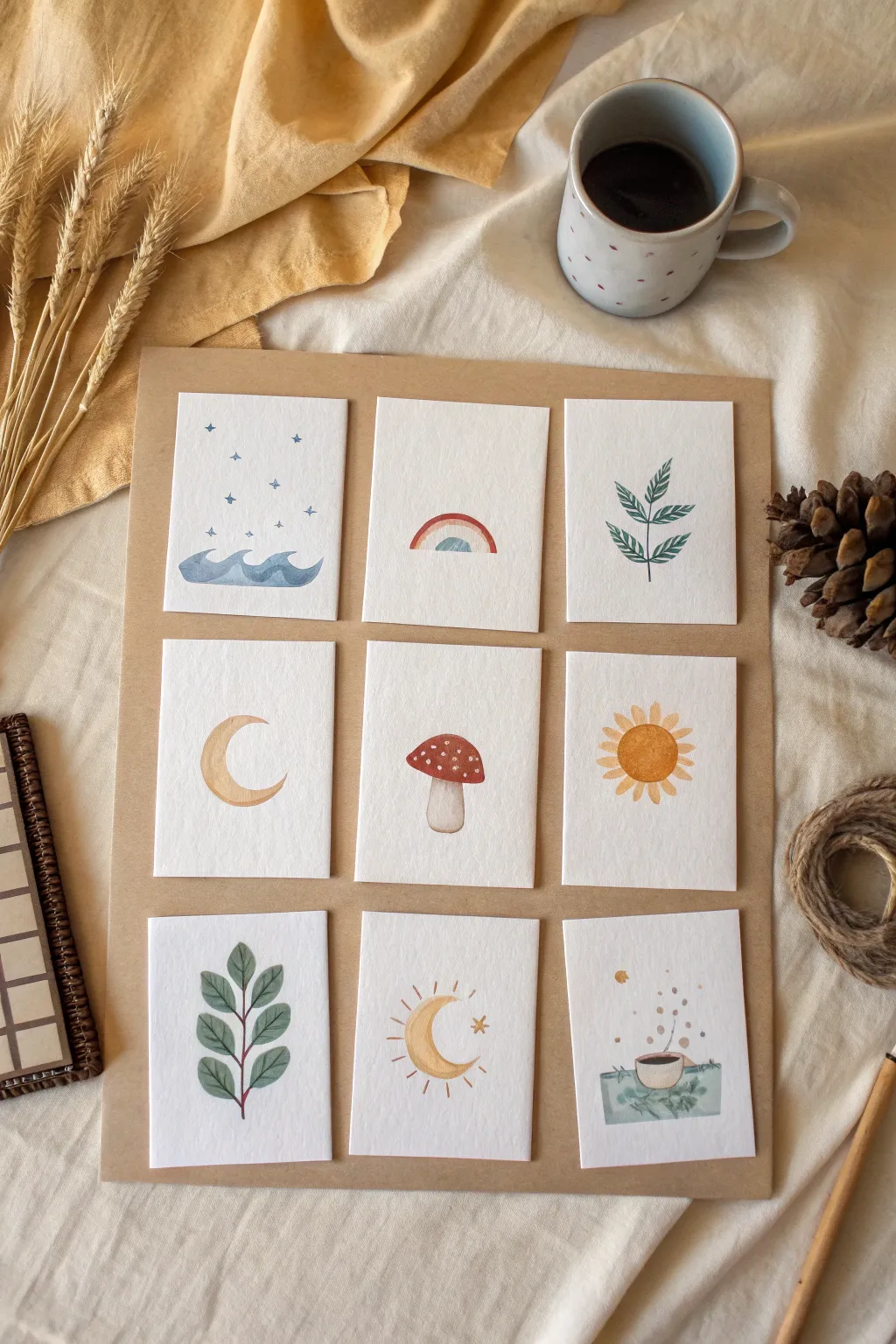 Mini hand-painted prompt cards for instant random painting ideas, minimalist with a soft boho feel.