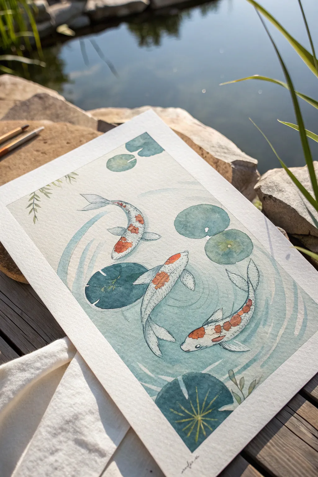Peaceful koi pond ovals in soothing teals and soft ripples, a simple relaxing painting idea