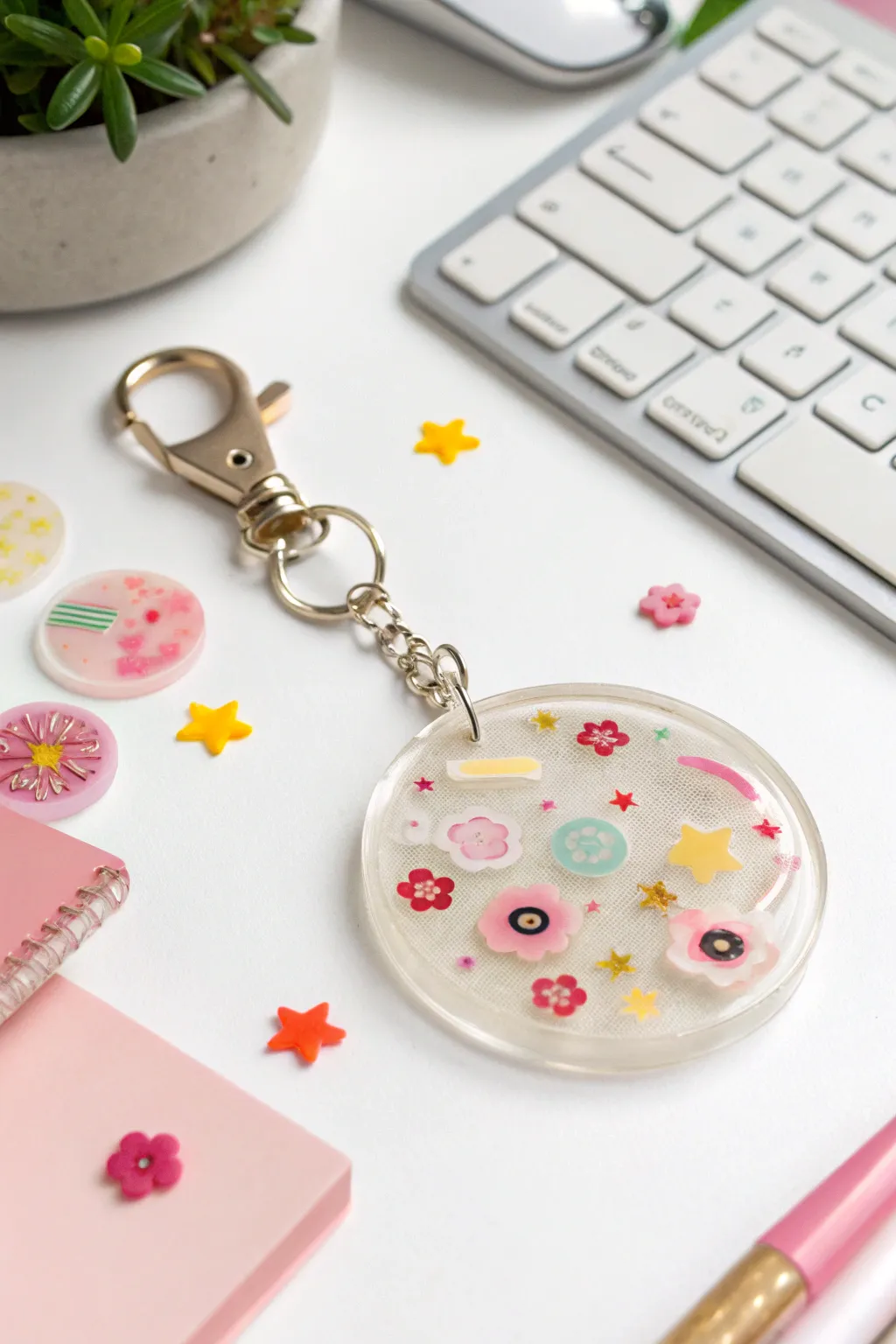 Layered sticker collage resin charm with airy clear gaps for dreamy depth and shine