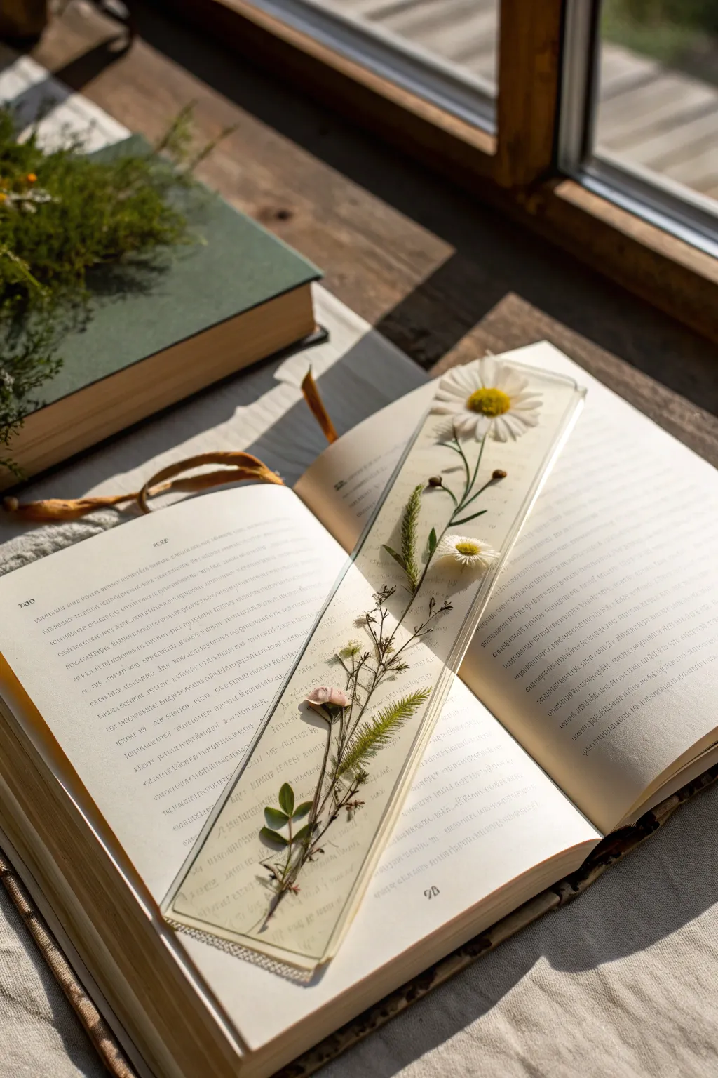 Minimalist resin bookmark with pressed flowers glowing softly in an open blank book