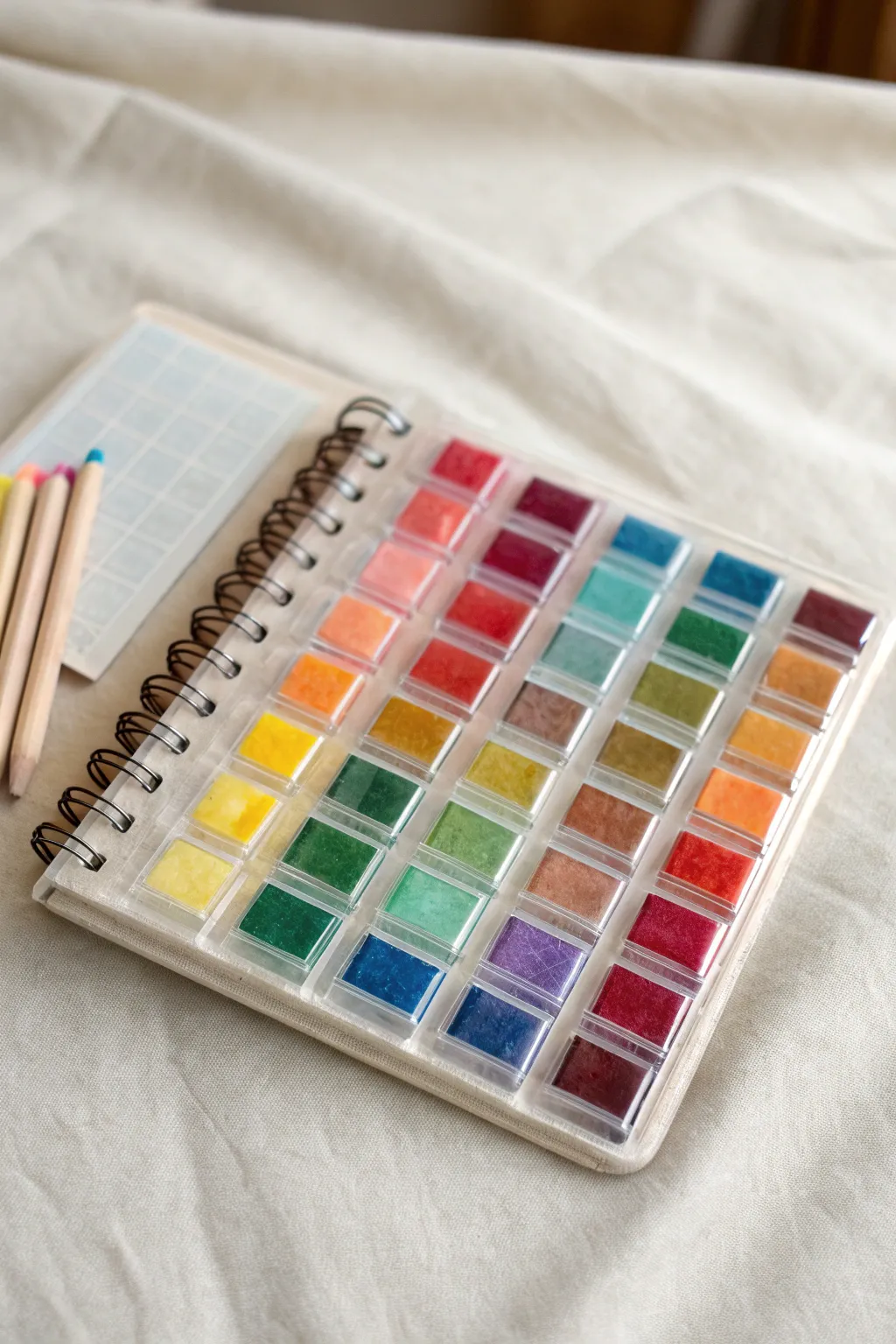 Crayon color-block grid suspended in clear resin, a clean minimalist notebook cover idea